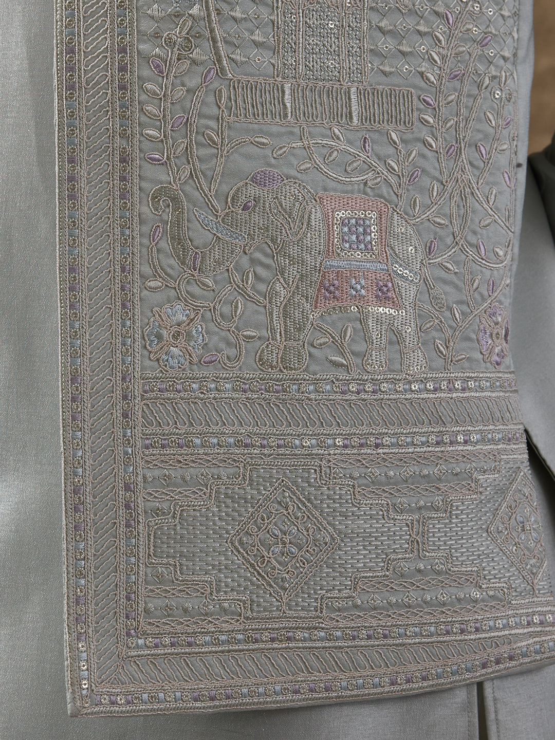 Pastel Green Elephant Motifs Embroidered Men's Kurta Set with Long Jacket