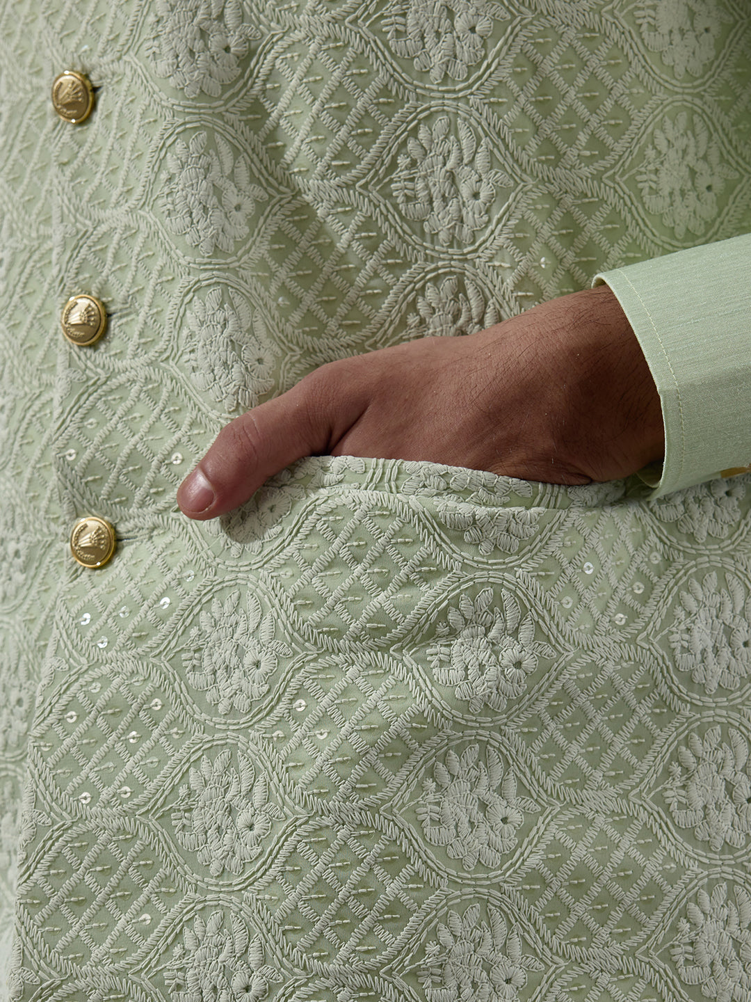 Pastel Green Motifs Embroidered Men's Kurta Set