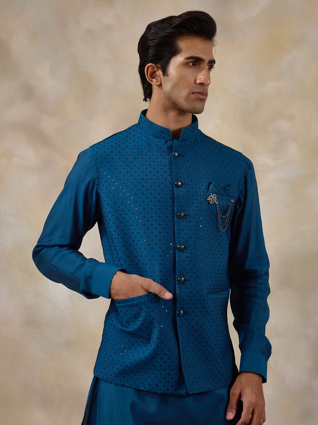 Azure Blue Sequinned Men's Kurta Set