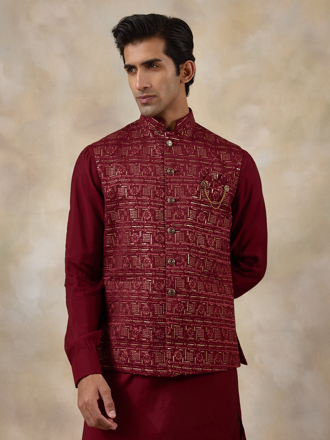 Bright Red Patterned Men's Kurta Set