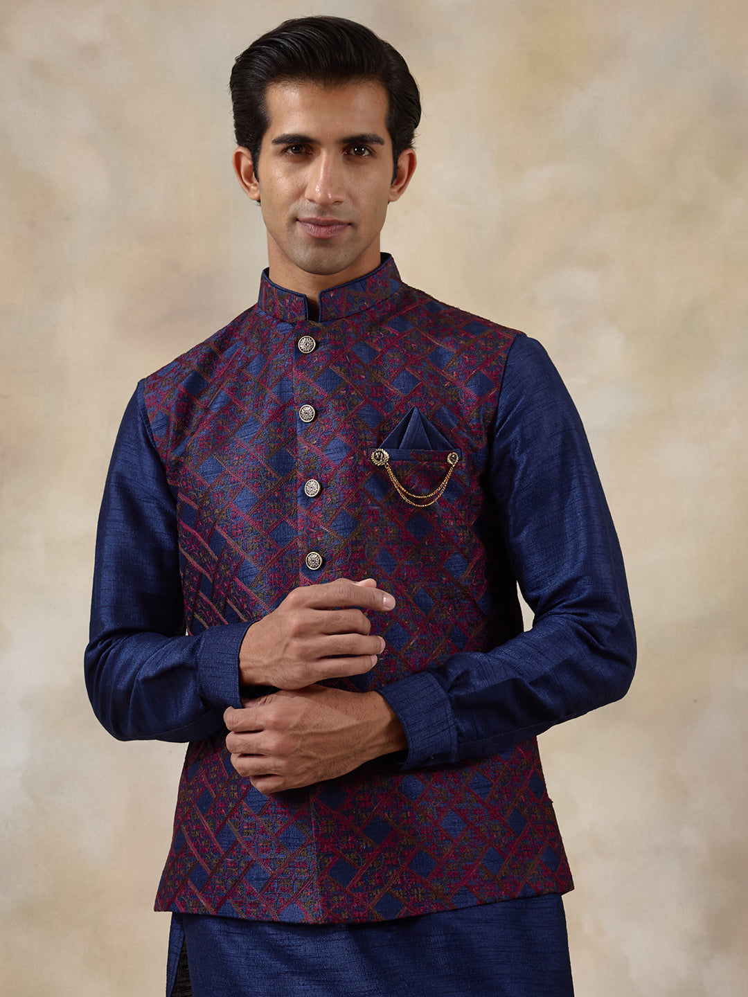 Blue Red Patterned Men's Kurta Set