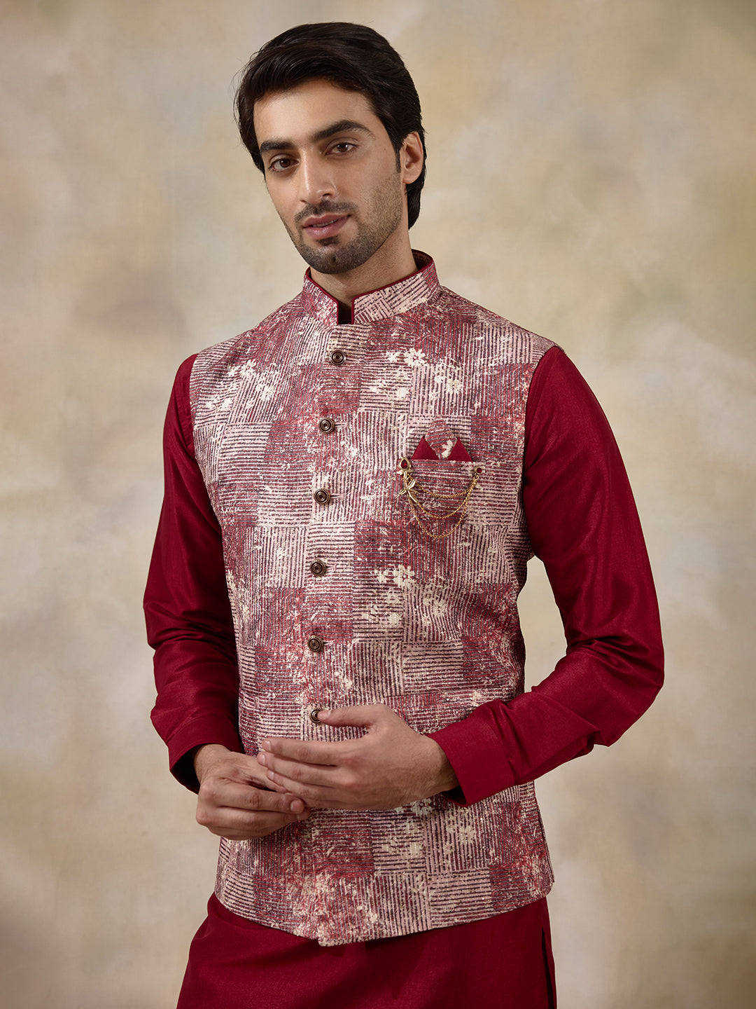 Bloody Red Patterned Men's Kurta Set