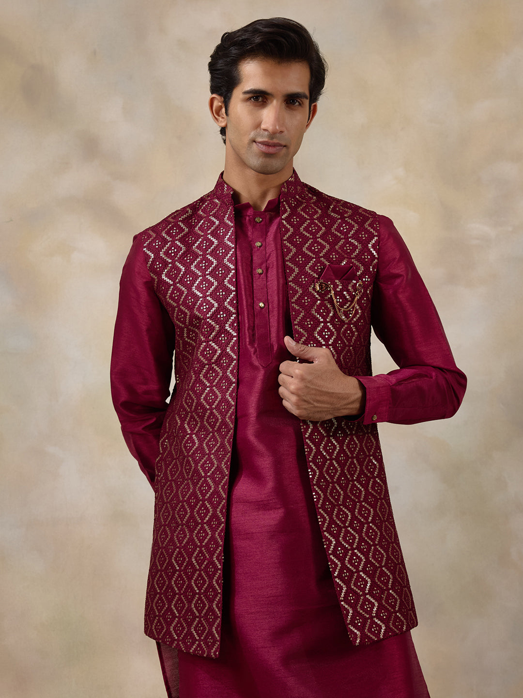 Deep Wine Sequinned Men's Kurta Set with Long Jacket