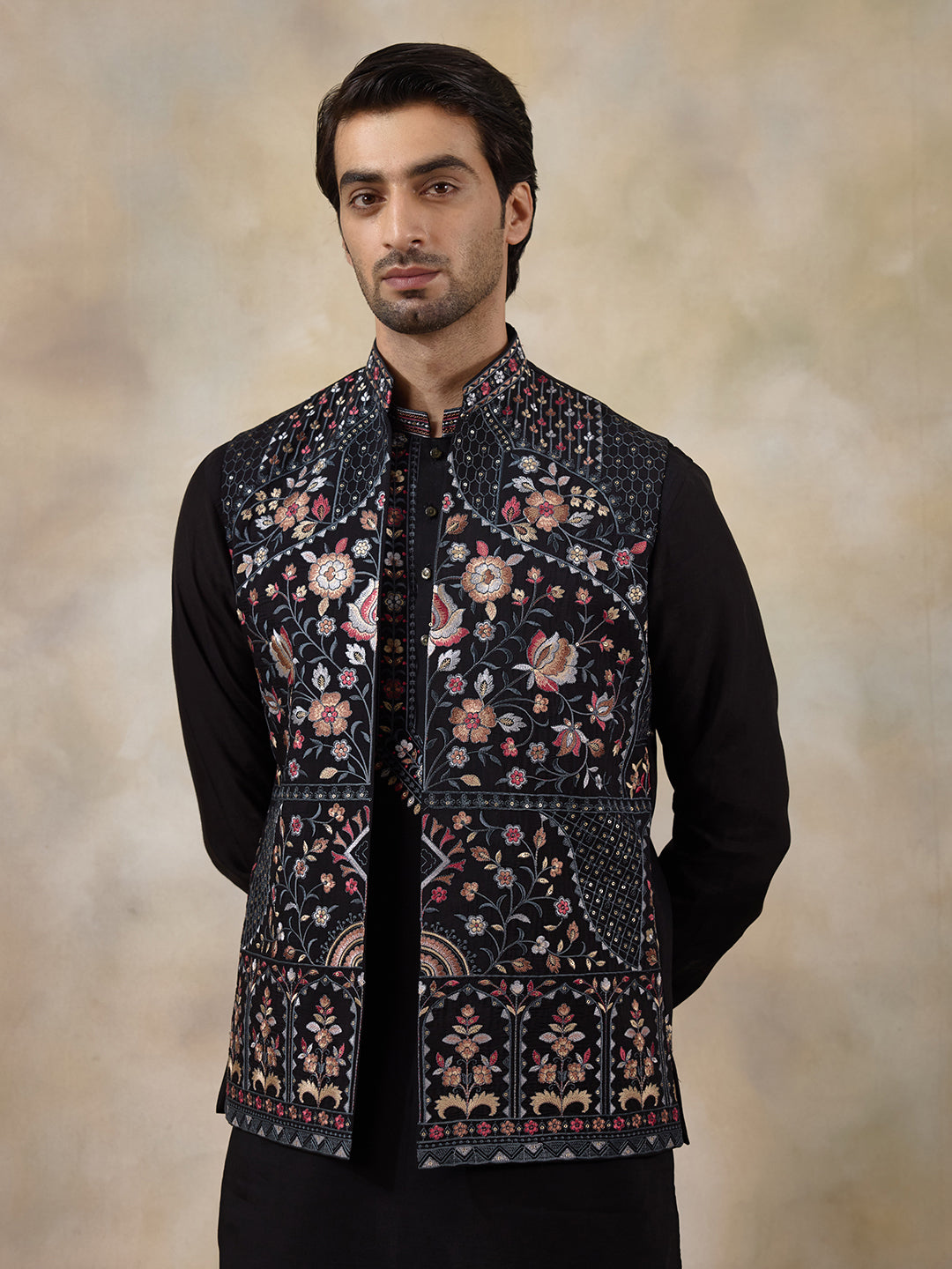Majestic Black Floral Embroidered Men's Kurta Set with Long Jacket