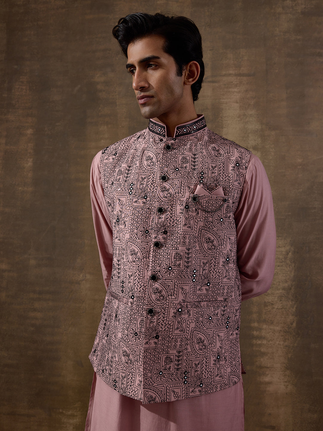 Peach Black Embroidered Men's Kurta Set