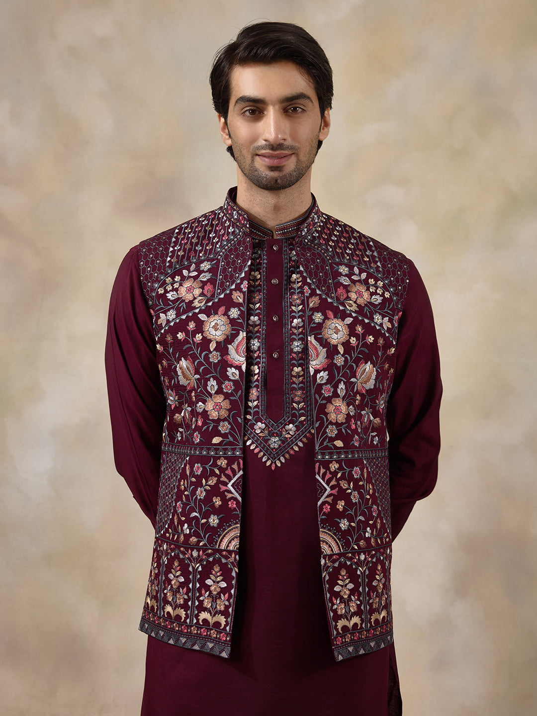 Deep Wine Floral Embroidered Men's Kurta Set with Long Jacket