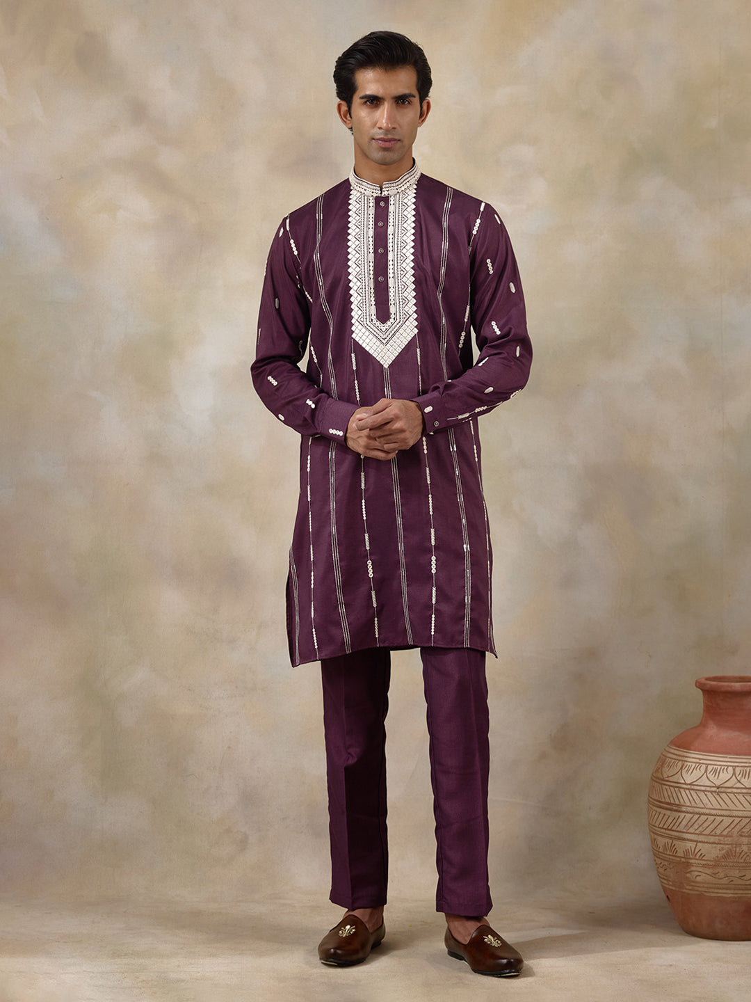 Purple Chikankari Embroidered Men's Kurta Set with Long Jacket