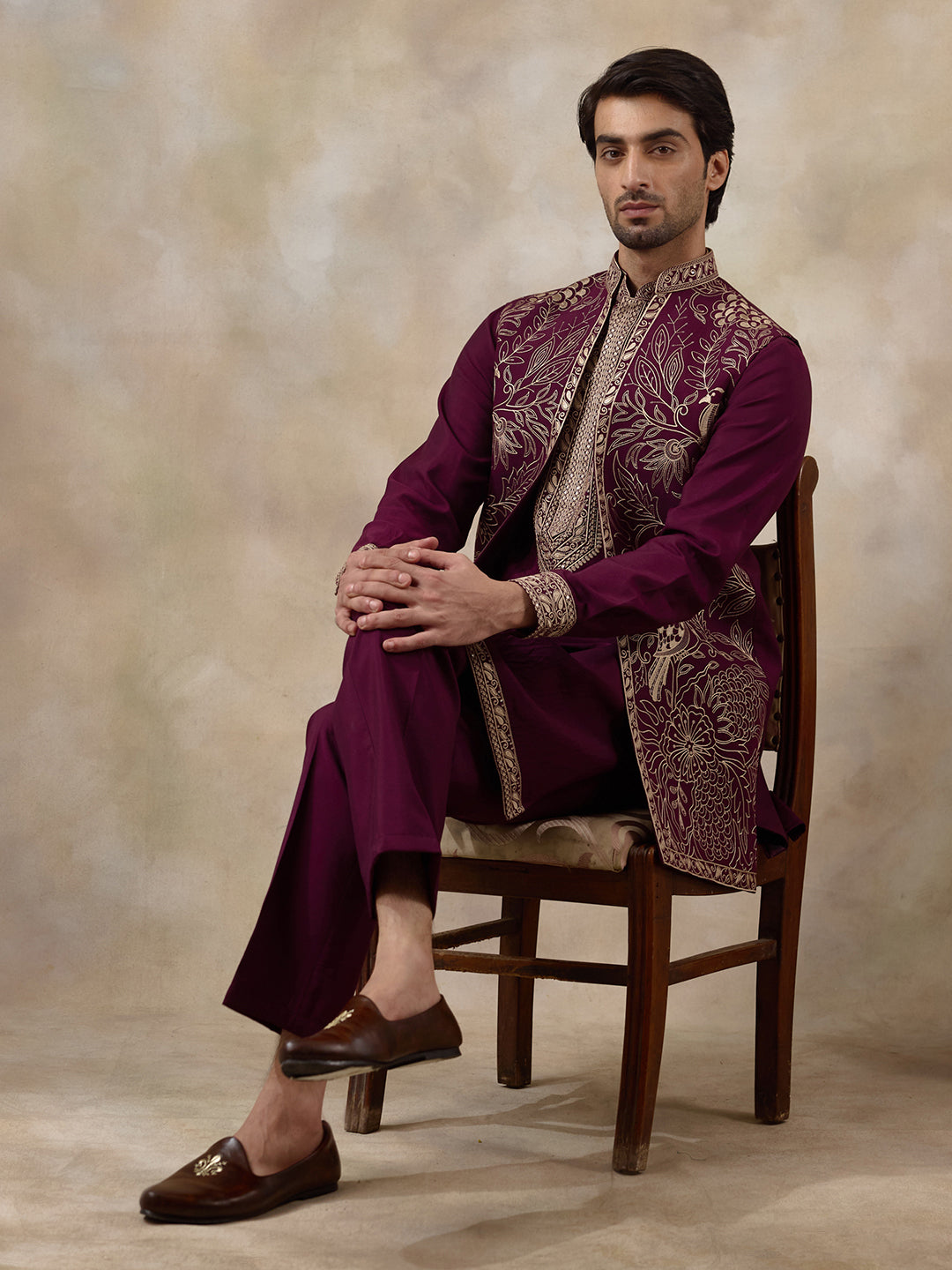 Wine Purple Bird Embroidered Men's Kurta Set with Long Jacket