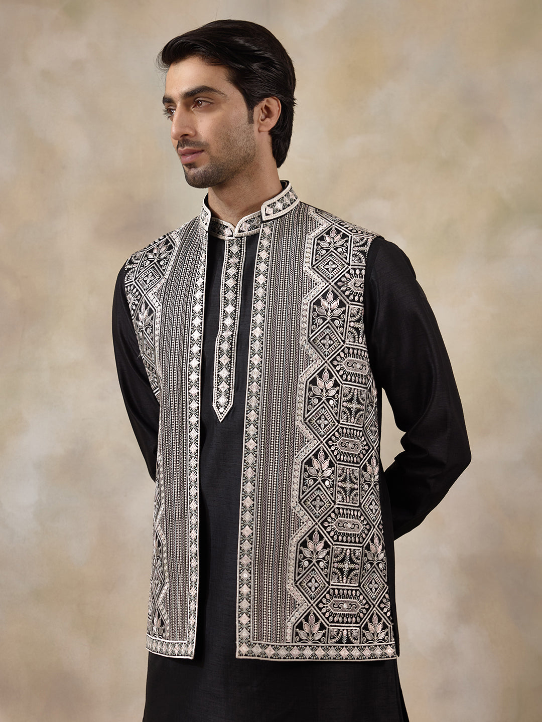Classic Black Geometric Embroidered Men's Kurta Set with Long Jacket