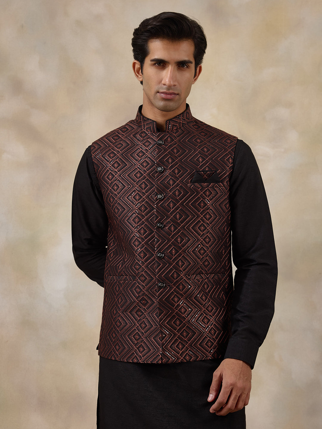 Rust Black Embroidered Men's Kurta Set