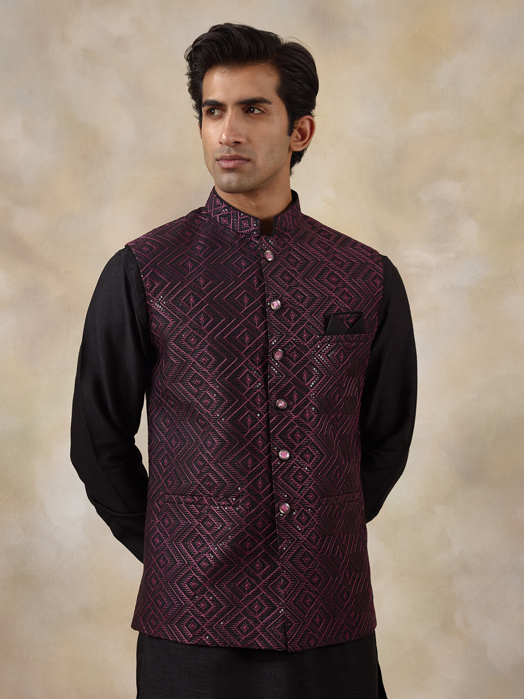 Wine Black Embroidered Men's Kurta Set