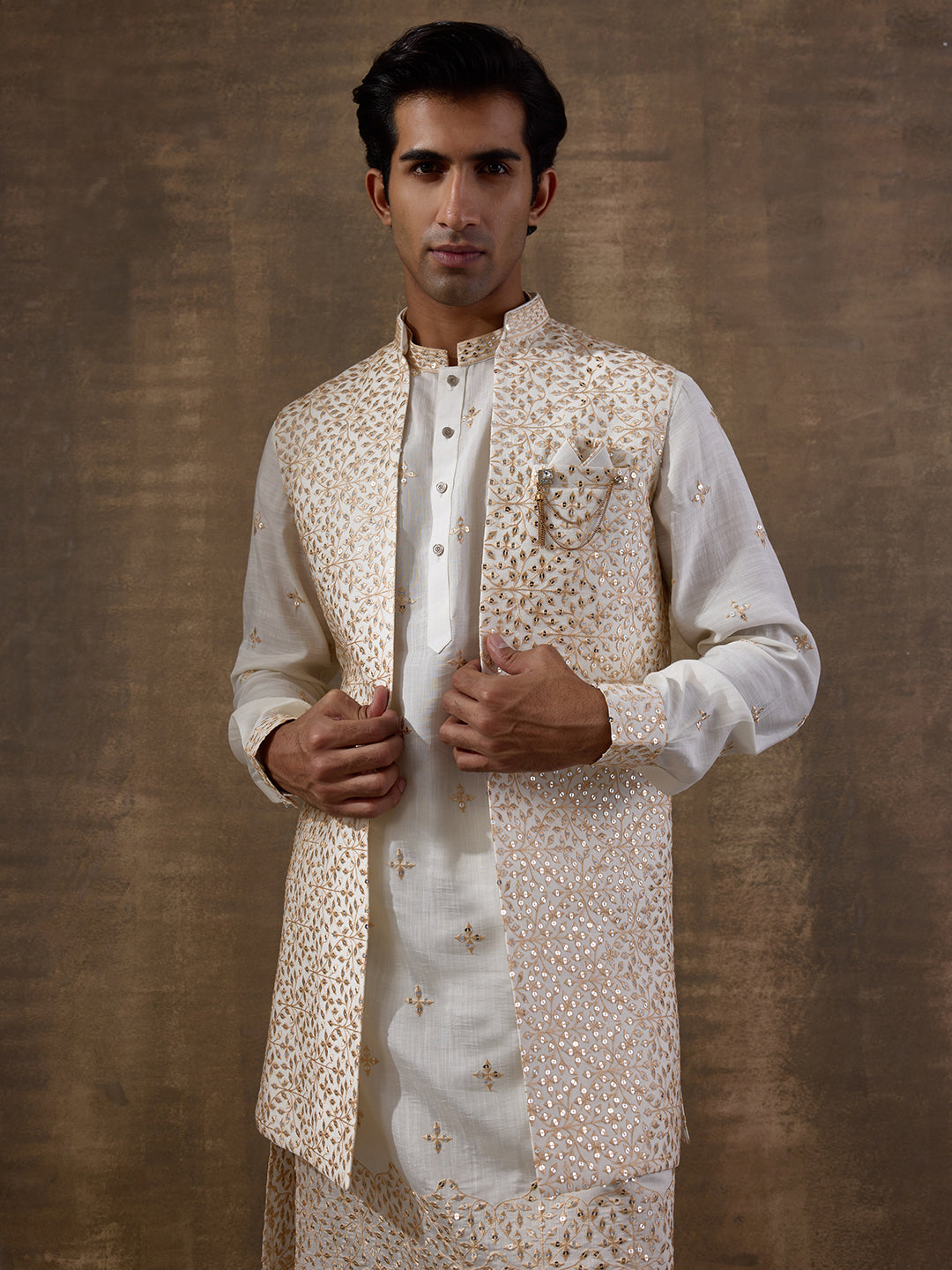 Starry White Mirrored Men's Kurta Set with Long Jacket