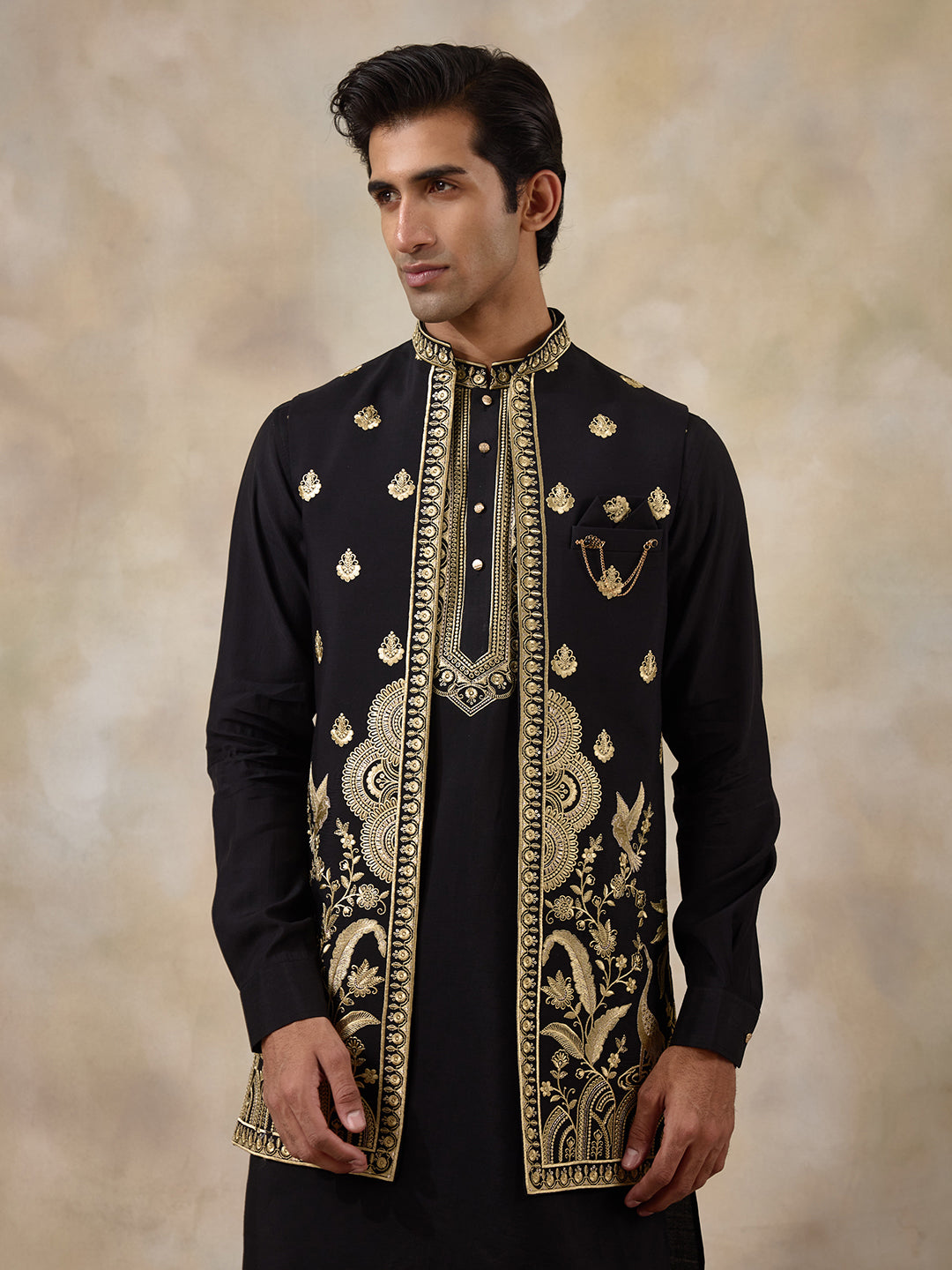Royal Black Aari Embroidered Men's Kurta Set with Long Jacket