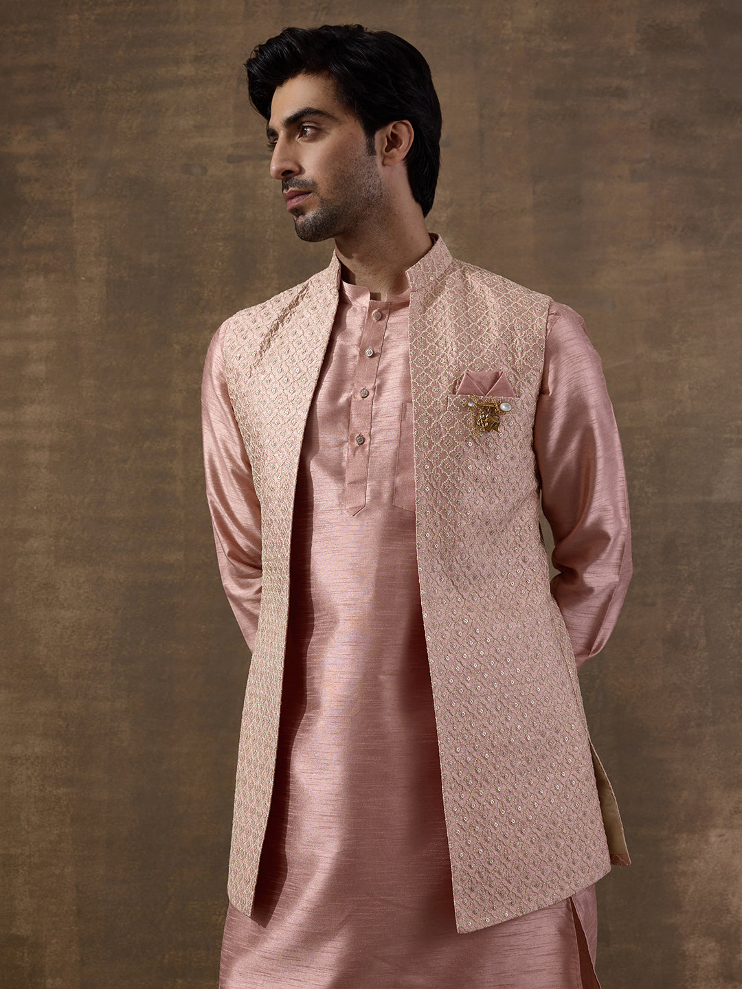 Pastel Pink Sequinned Men's Kurta Set with Long Jacket