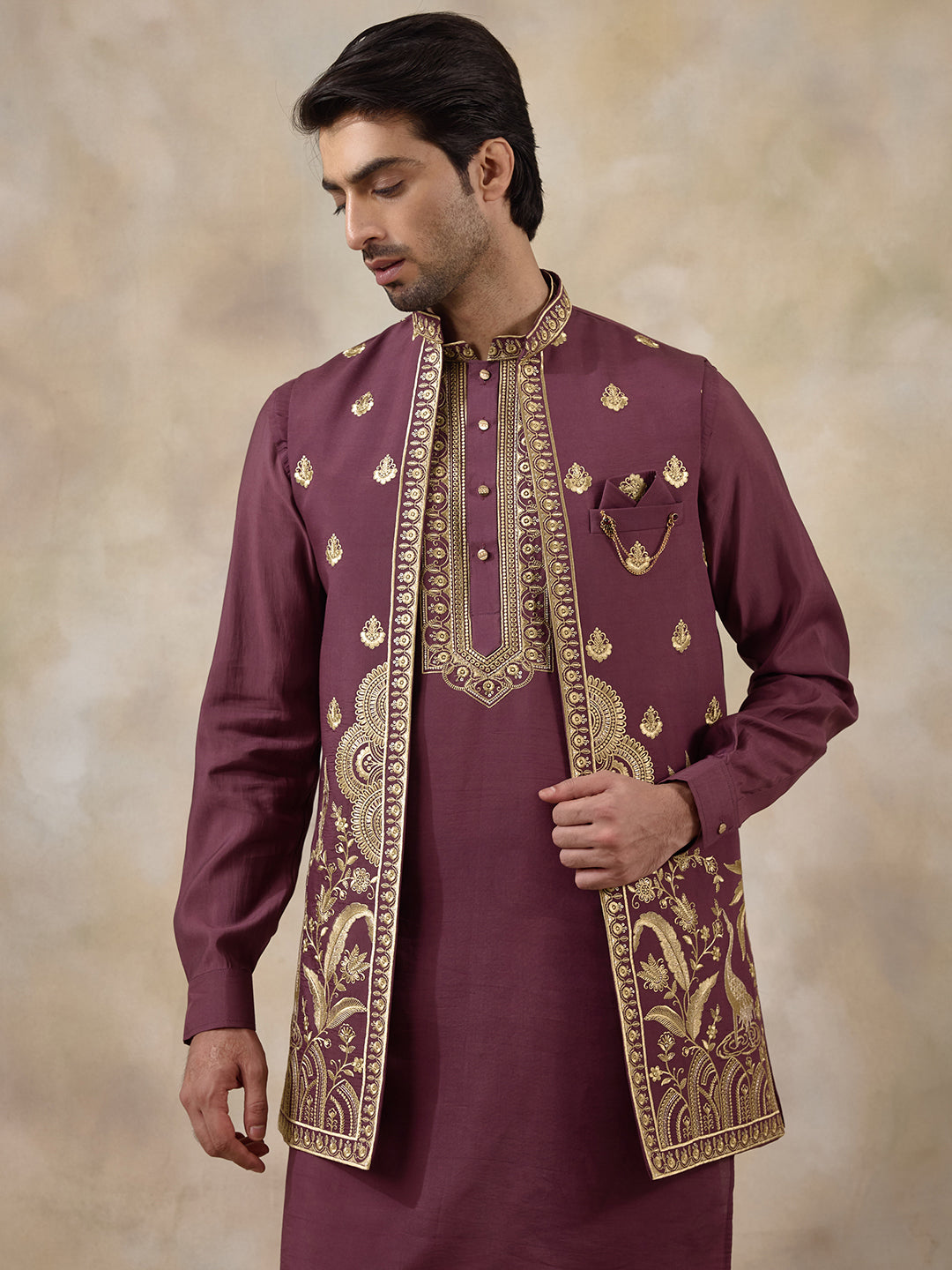 Royal Purple Aari Embroidered Men's Kurta Set with Long Jacket