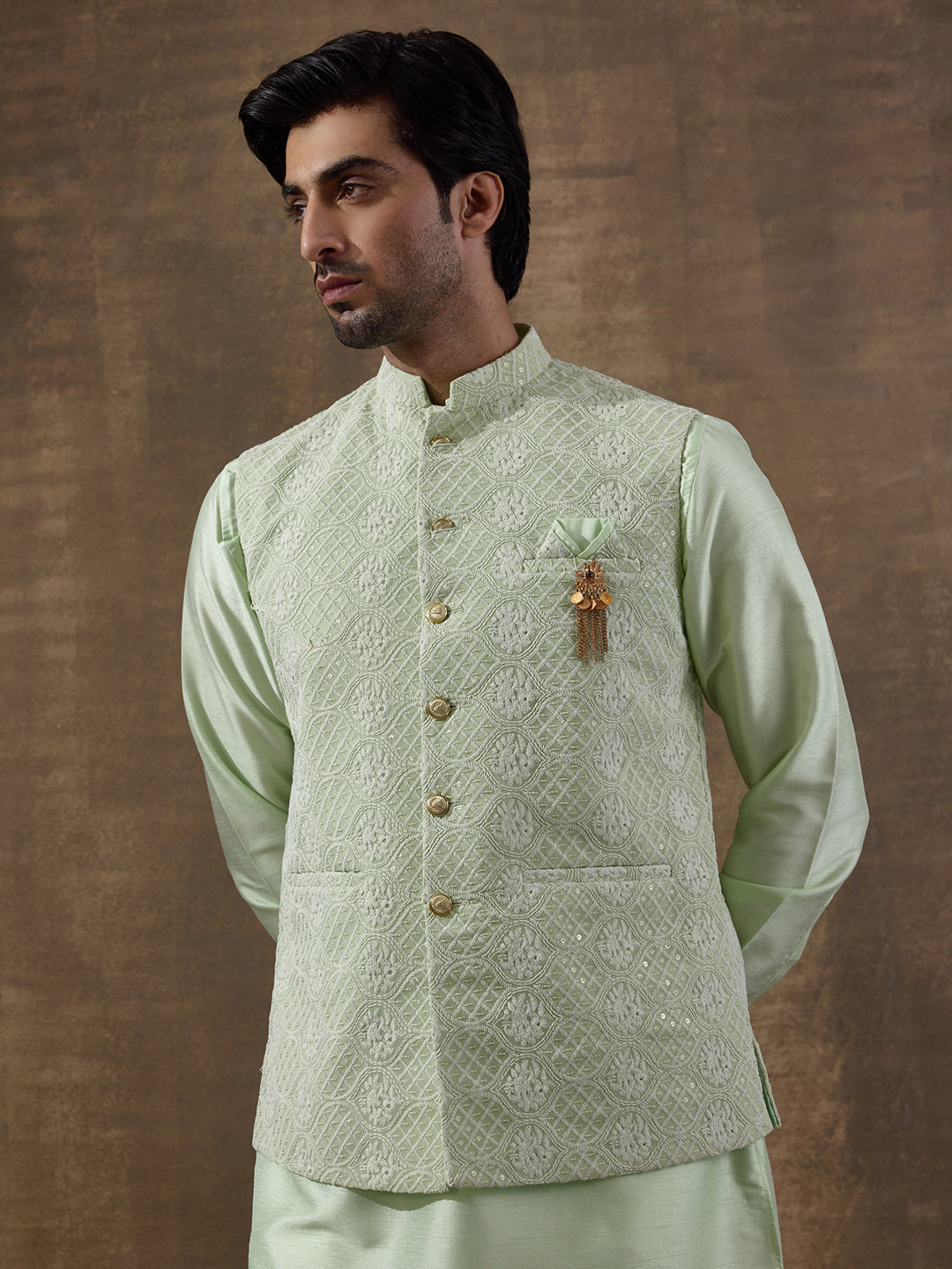 Pastel Green Motifs Embroidered Men's Kurta Set