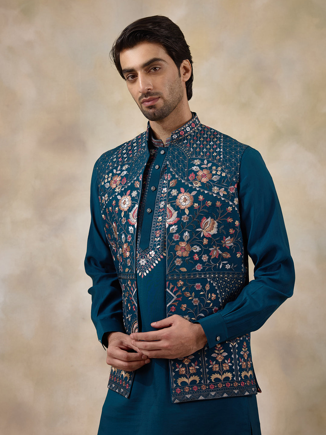 Azure Turquoise Floral Embroidered Men's Kurta Set with Long Jacket