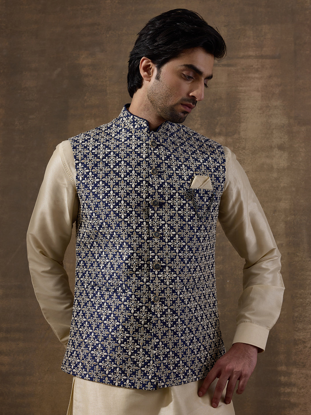 Traditional Motifs Beige Embroidered Men's Kurta Set