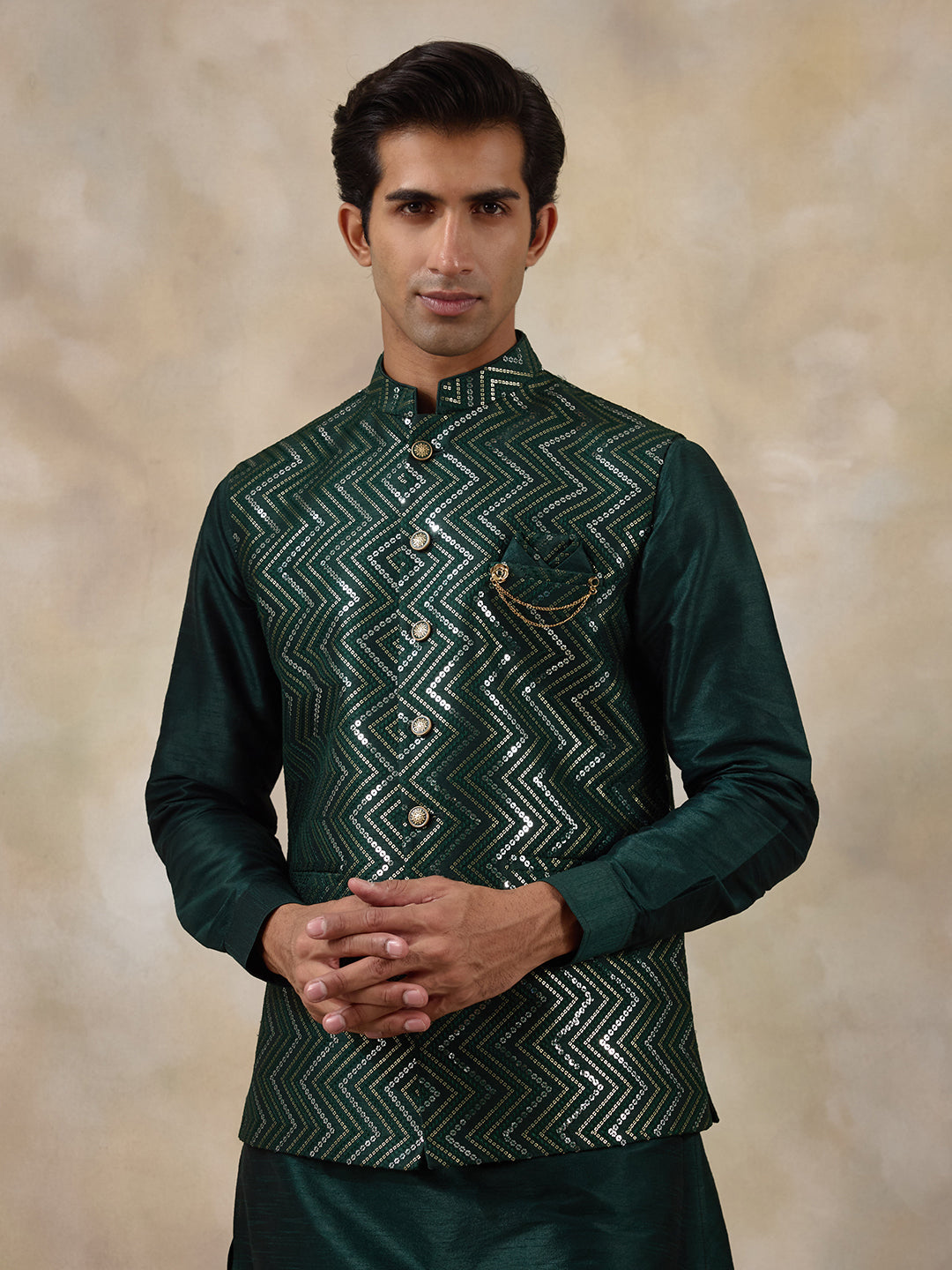 Bottle Green Sequinned Men's Kurta Set