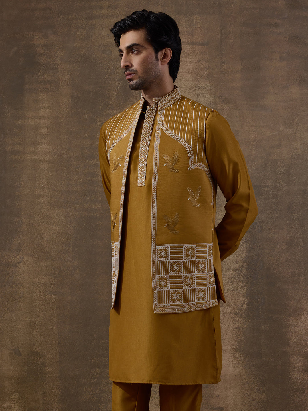 Deep Mustard Temple Embroidered Men's Kurta Set with Long Jacket