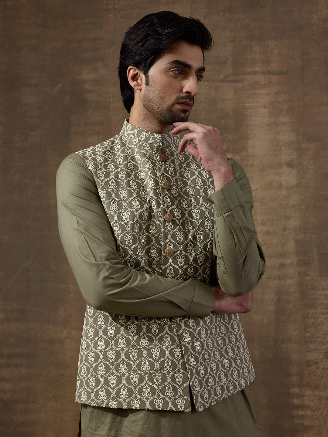 Olive Embroidered Men's Kurta Set