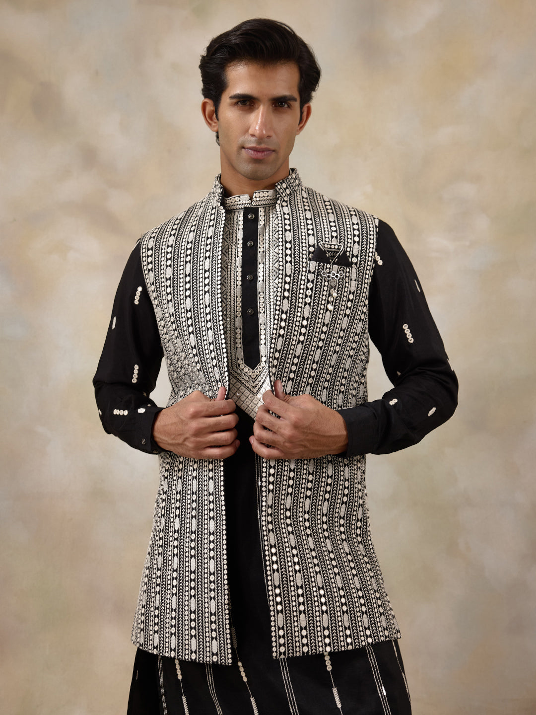 Black Chikankari Embroidered Men's Kurta Set with Long Jacket