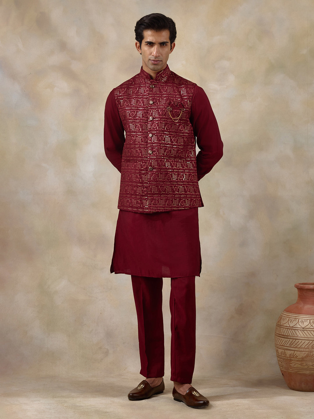 Bright Red Patterned Men's Kurta Set