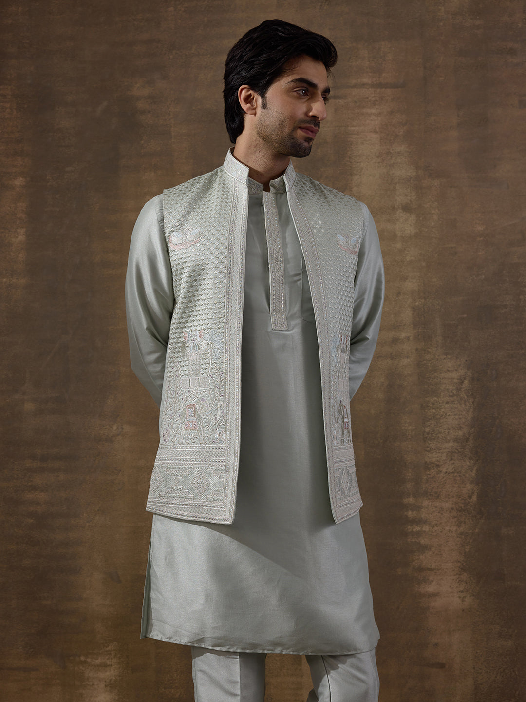 Pastel Green Elephant Motifs Embroidered Men's Kurta Set with Long Jacket