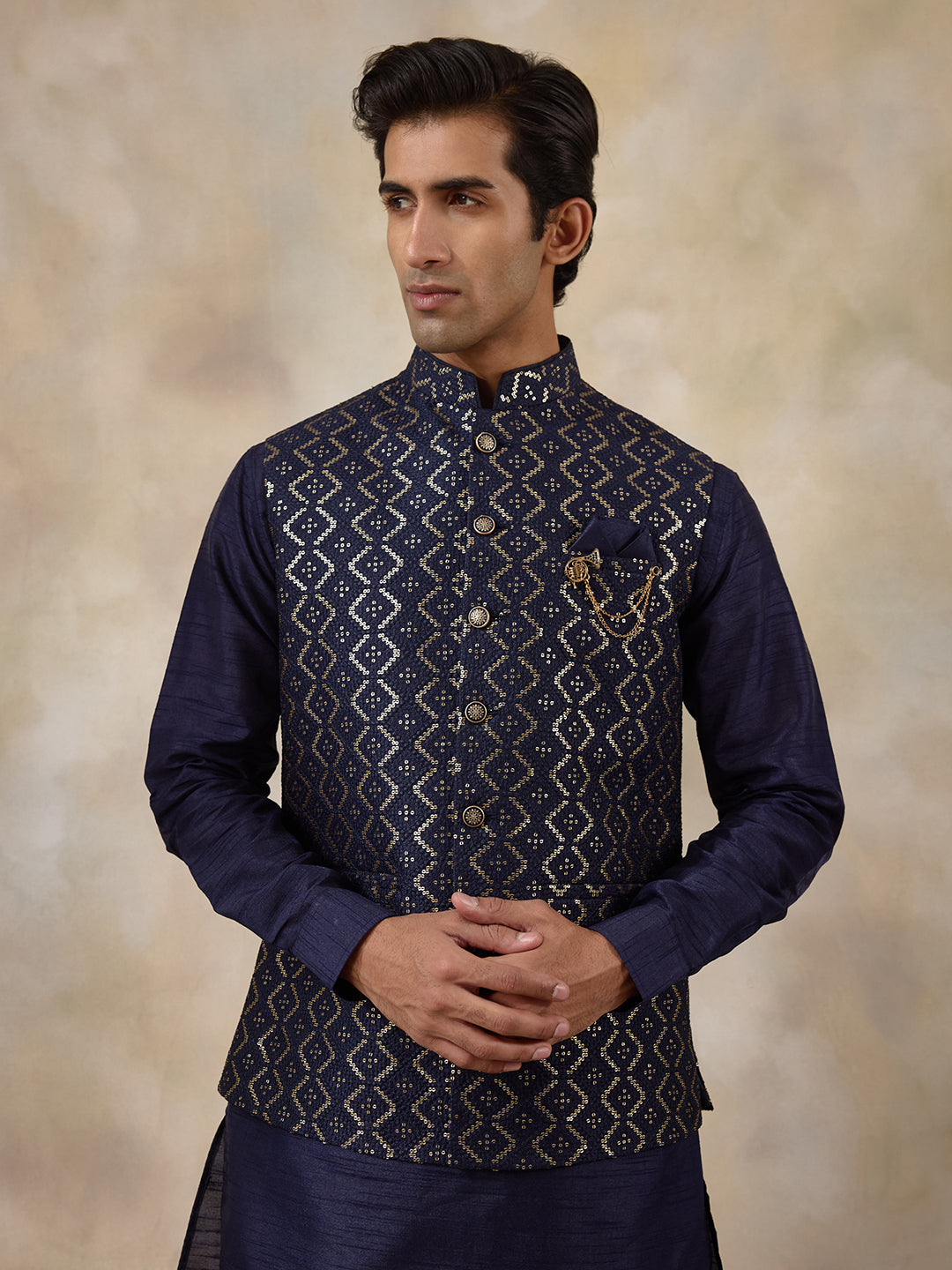 Deep Blue Sequinned Men's Kurta Set