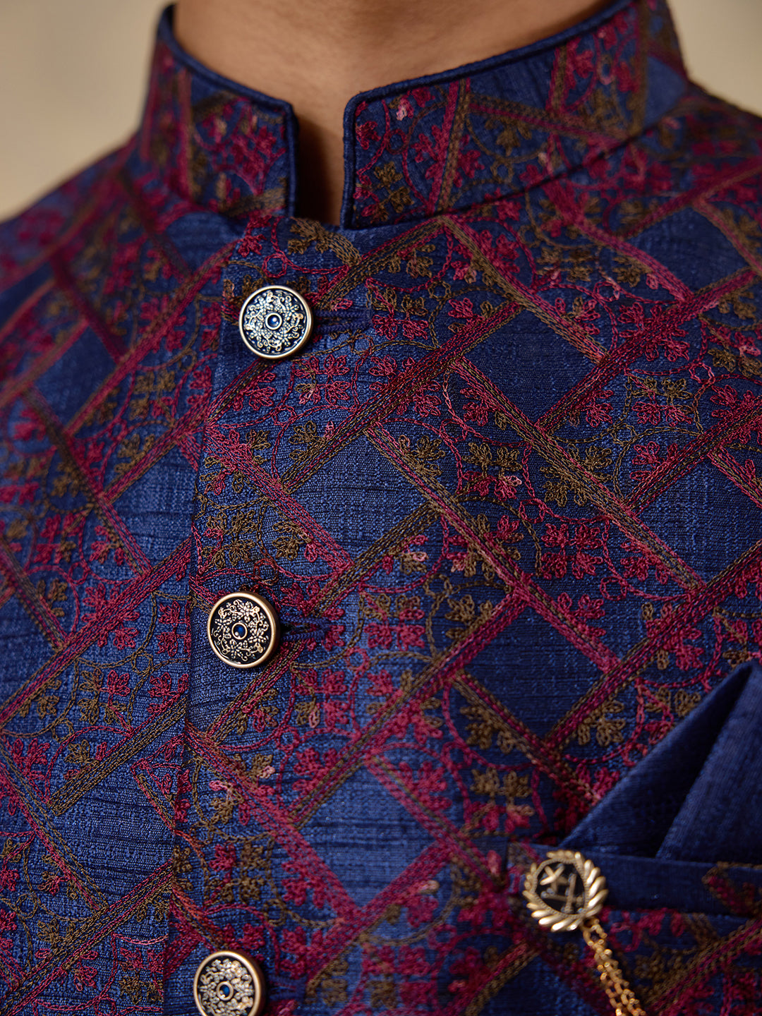 Blue Red Patterned Men's Kurta Set