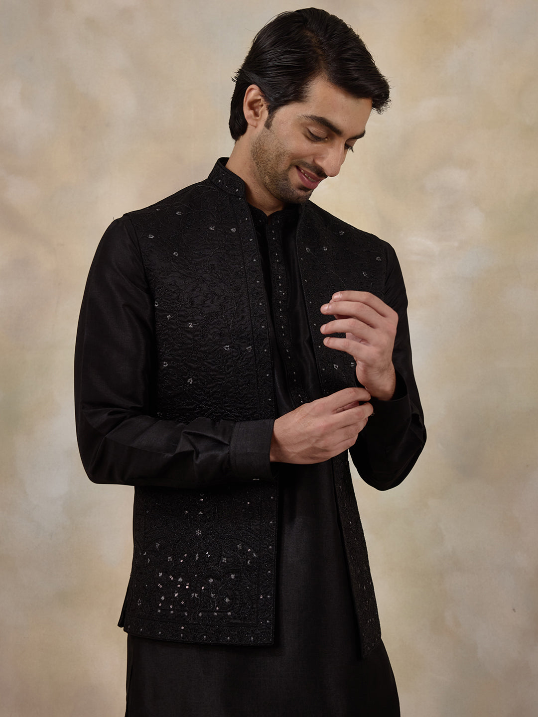 Midnight Black Sequinned Men's Kurta Set with Long Jacket