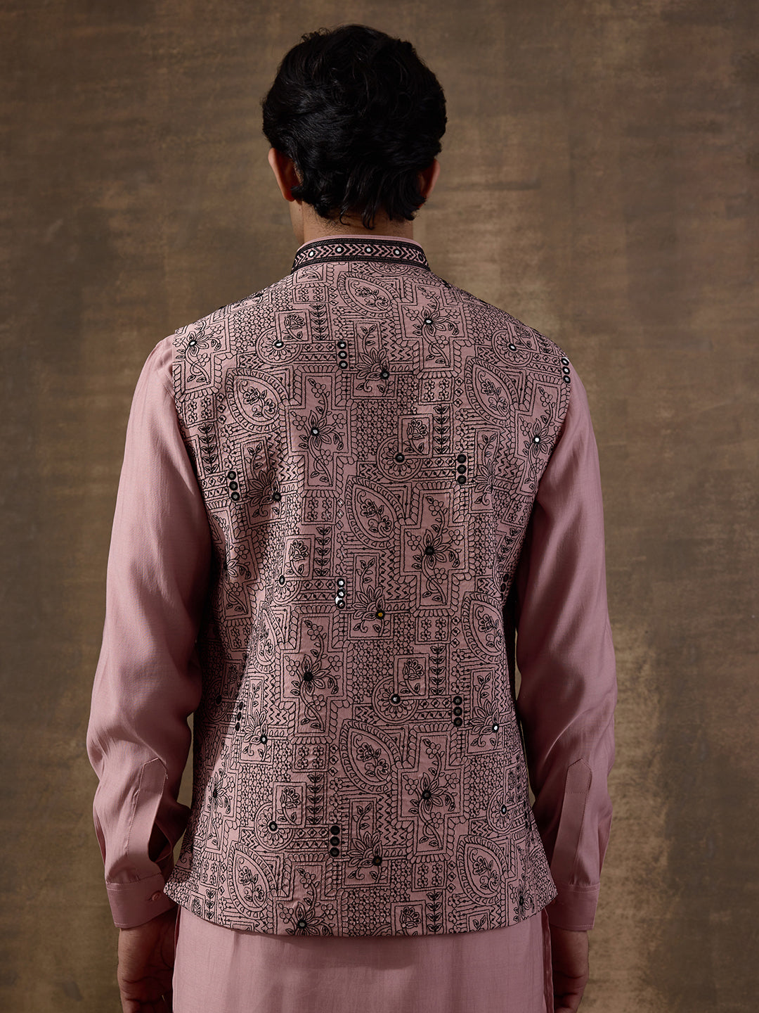 Peach Black Embroidered Men's Kurta Set