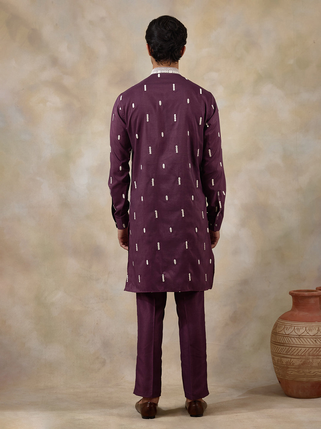 Purple Chikankari Embroidered Men's Kurta Set with Long Jacket