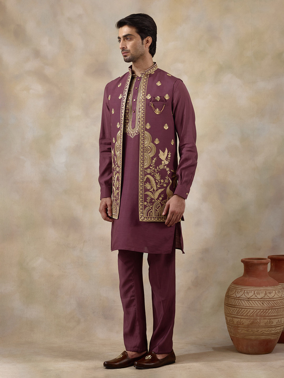 Royal Purple Aari Embroidered Men's Kurta Set with Long Jacket