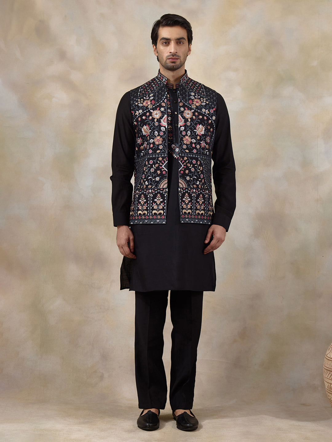 Majestic Black Floral Embroidered Men's Kurta Set with Long Jacket