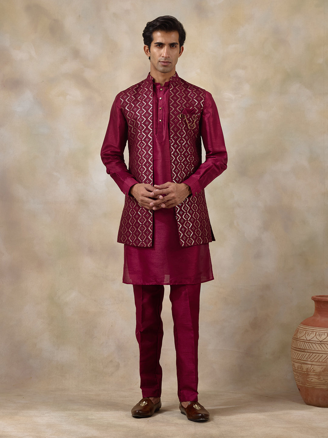Deep Wine Sequinned Men's Kurta Set with Long Jacket