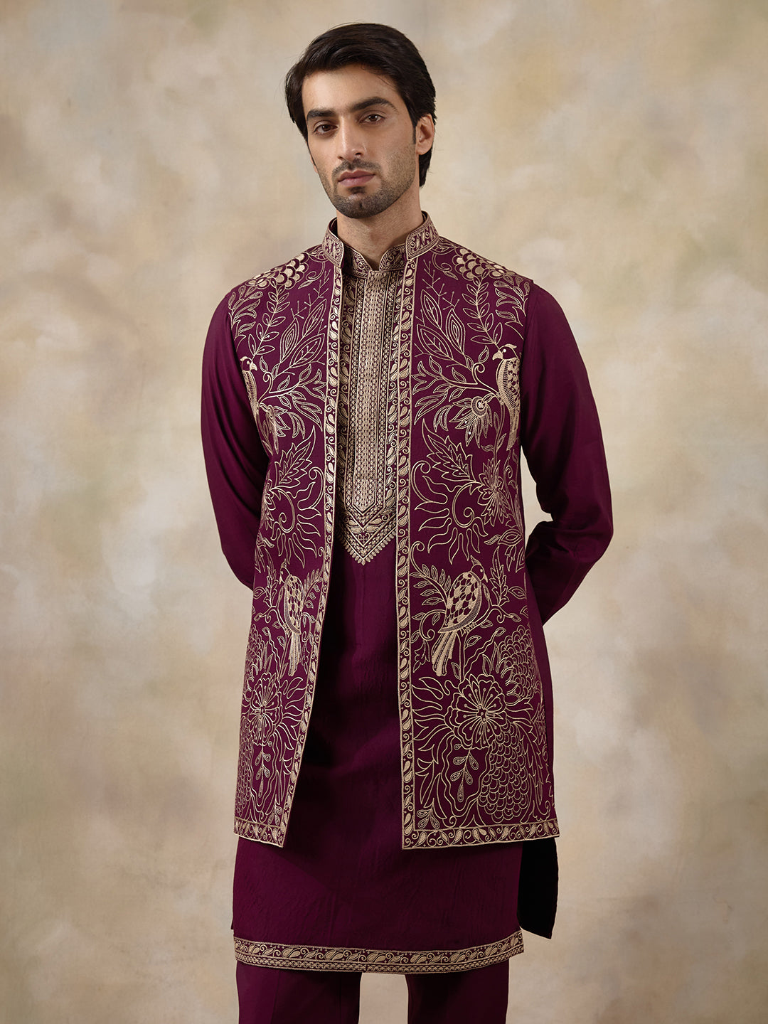 Wine Purple Bird Embroidered Men's Kurta Set with Long Jacket