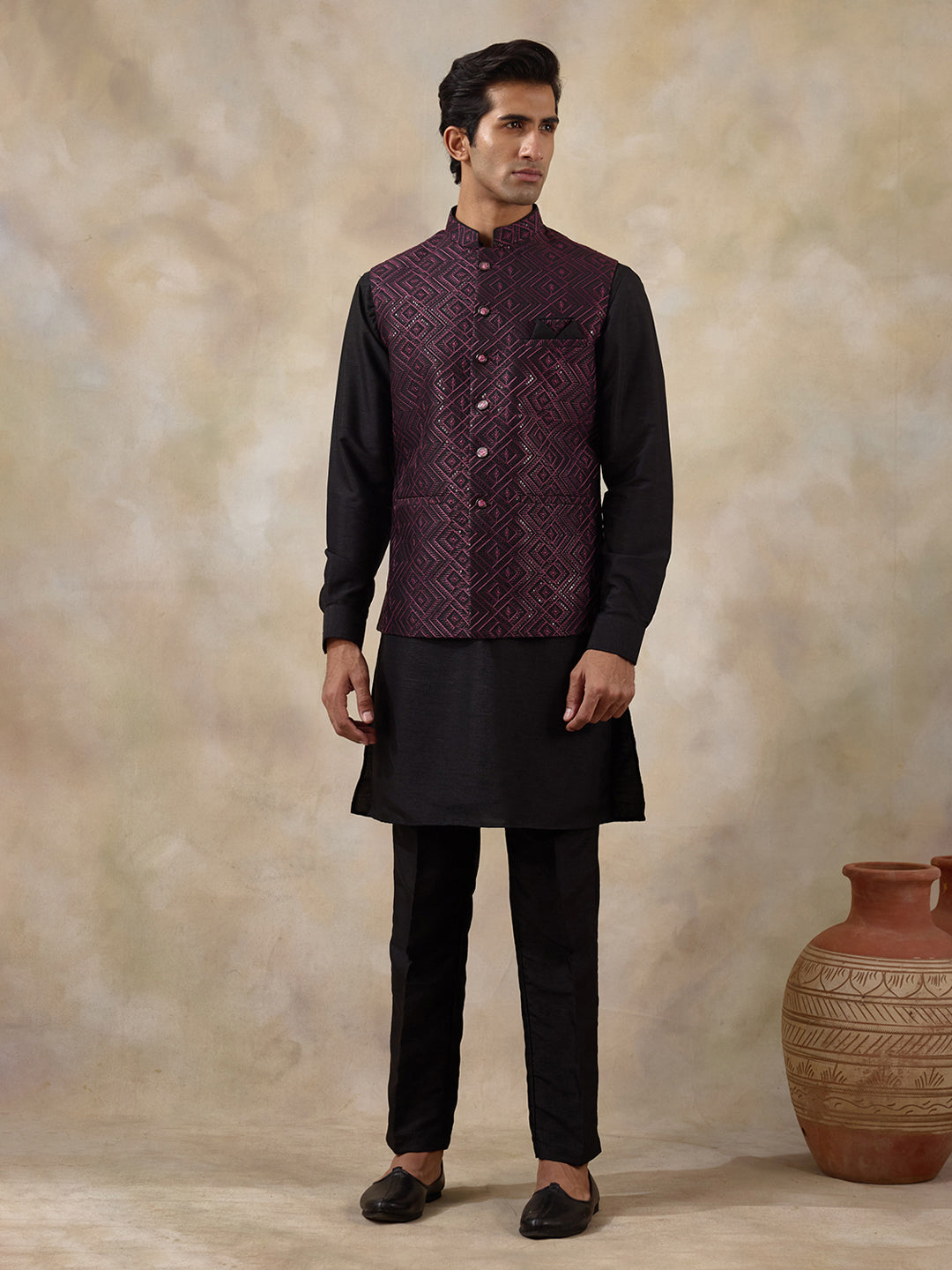 Wine Black Embroidered Men's Kurta Set