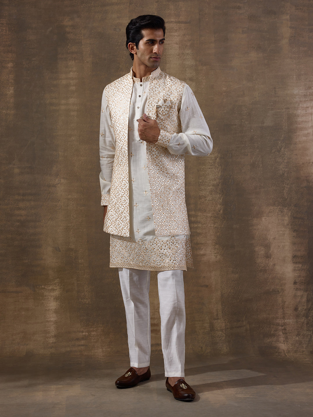 Starry White Mirrored Men's Kurta Set with Long Jacket