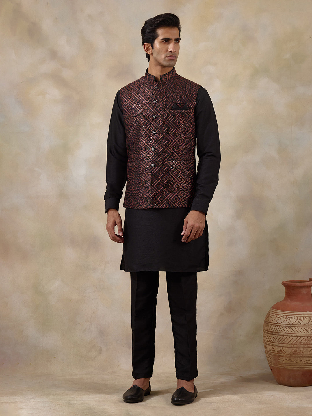 Rust Black Embroidered Men's Kurta Set