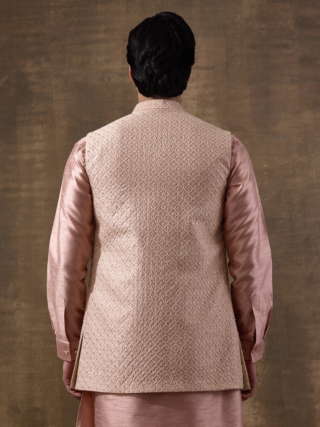 Pastel Pink Sequinned Men's Kurta Set with Long Jacket