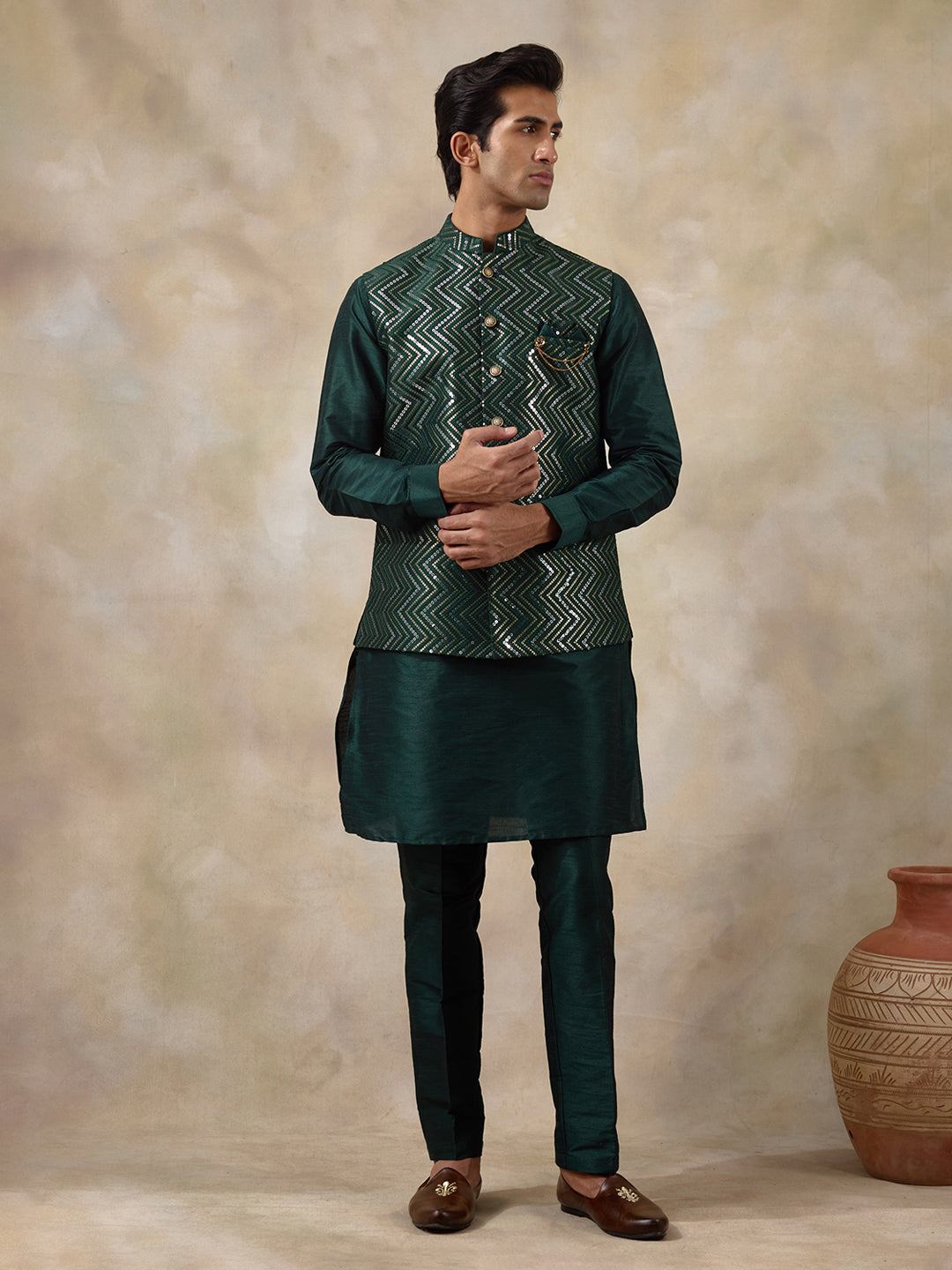 Bottle Green Sequinned Men's Kurta Set