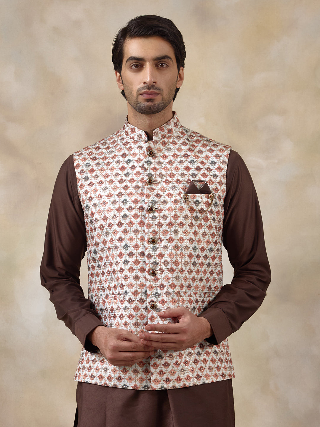 Brown Multicolour Patterned Men's Kurta Set