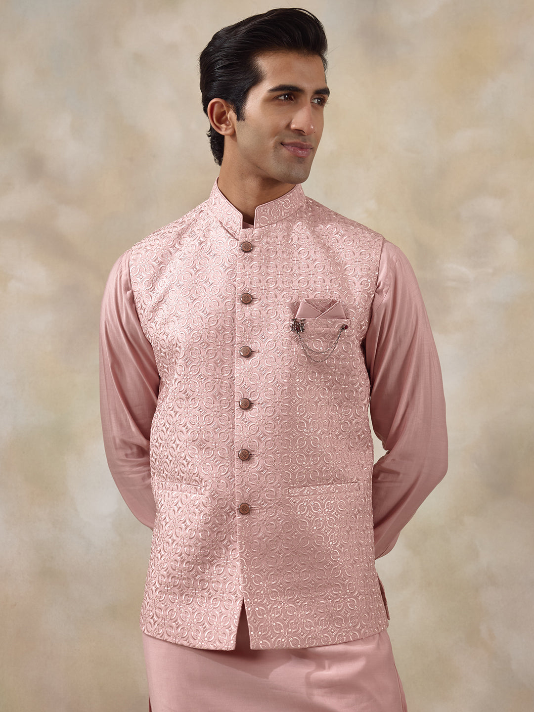 Peachy Peach Embroidered Men's Kurta Set