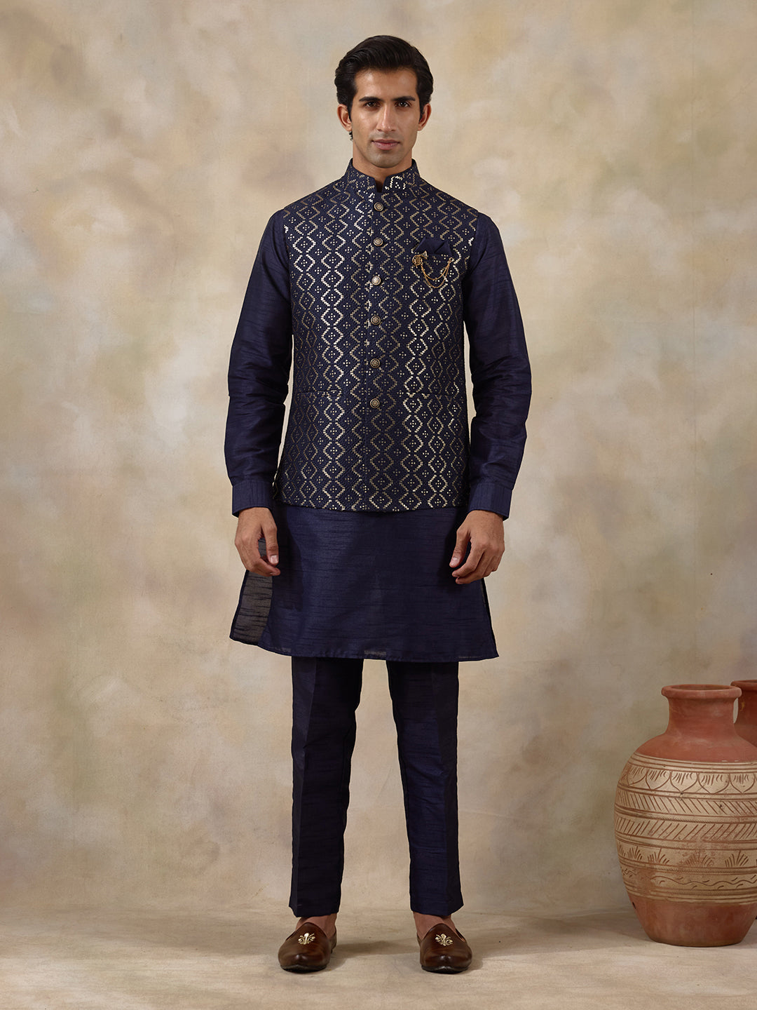 Deep Blue Sequinned Men's Kurta Set