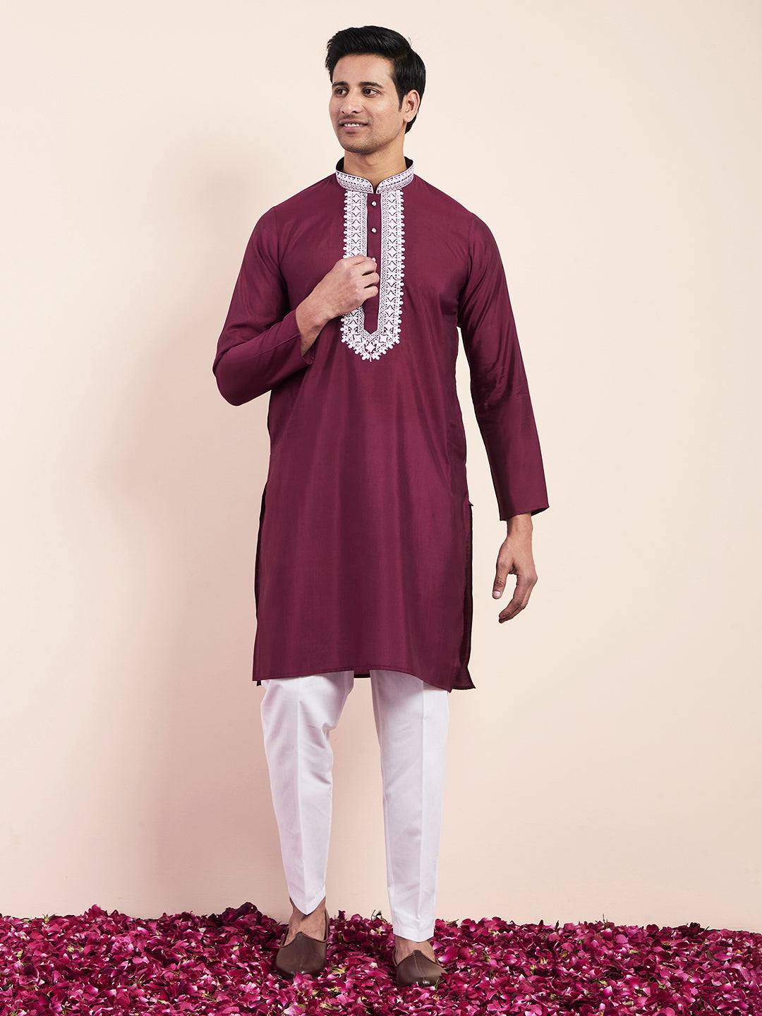 Deep Maroon Yoke Chikankari Men's Kurta