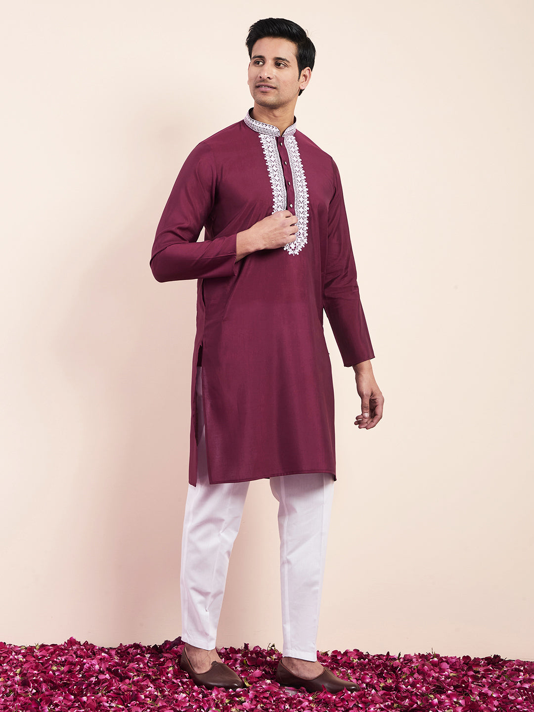 Deep Maroon Yoke Chikankari Men's Kurta