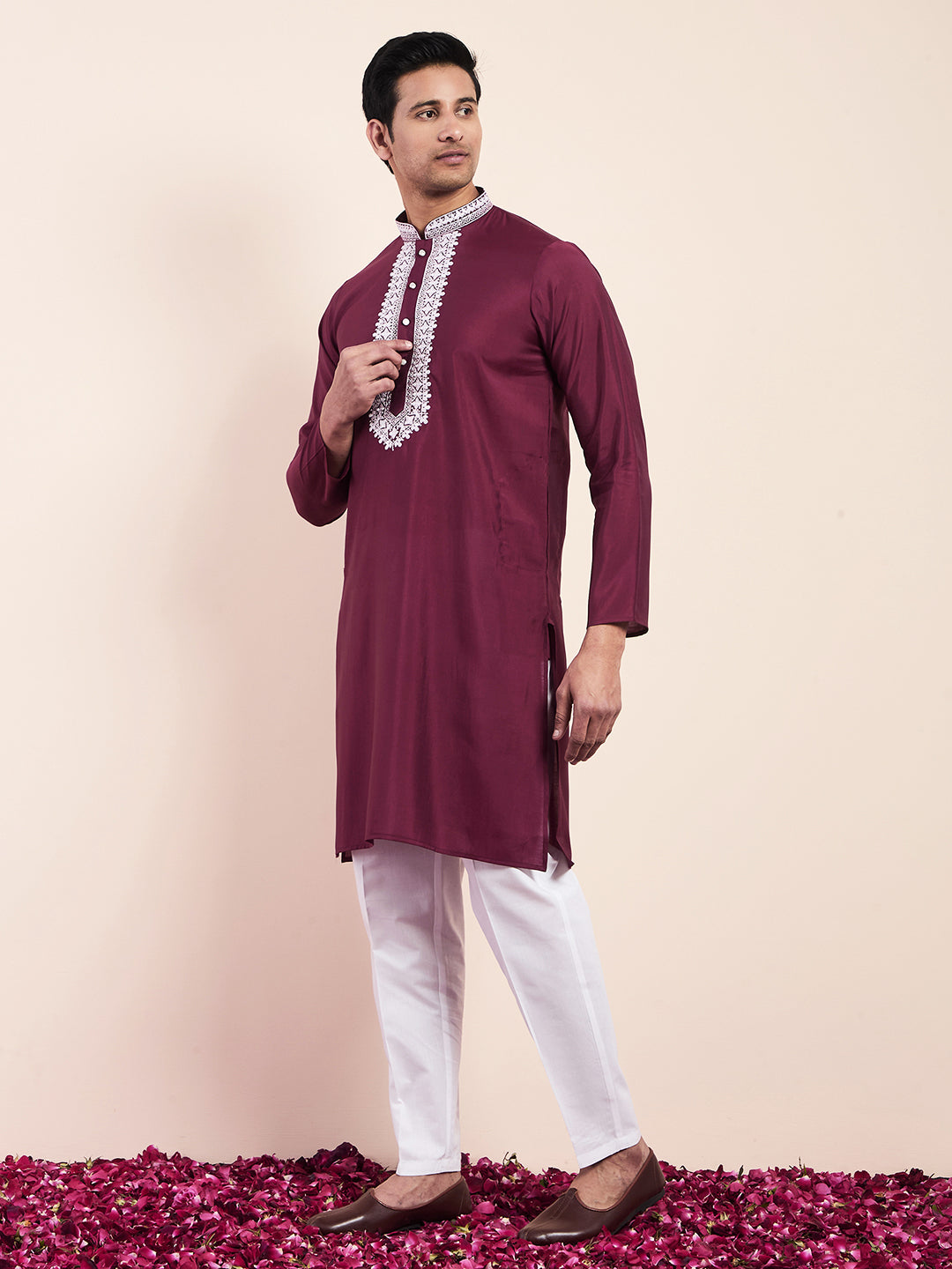 Deep Maroon Yoke Chikankari Men's Kurta
