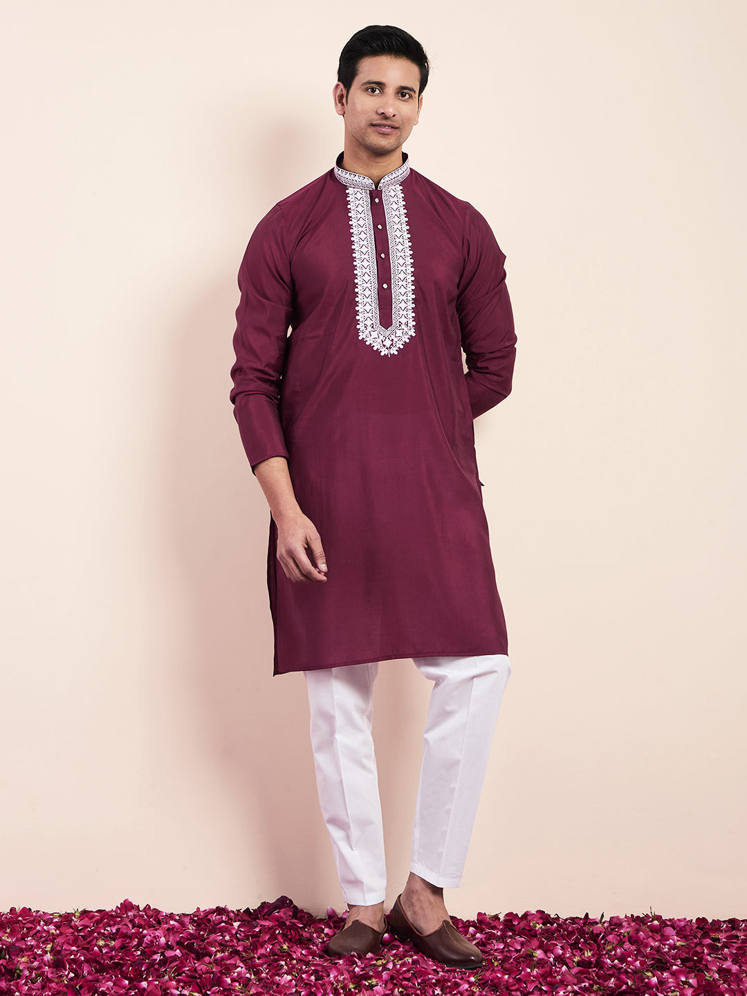 Deep Maroon Yoke Chikankari Men's Kurta