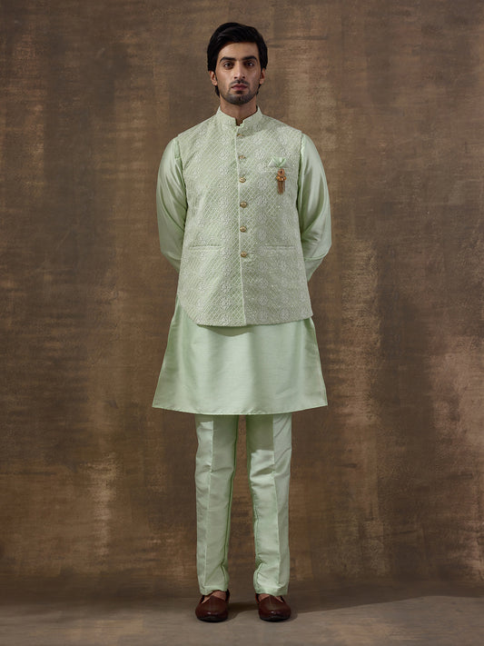 Pastel Green Motifs Embroidered Men's Kurta Set